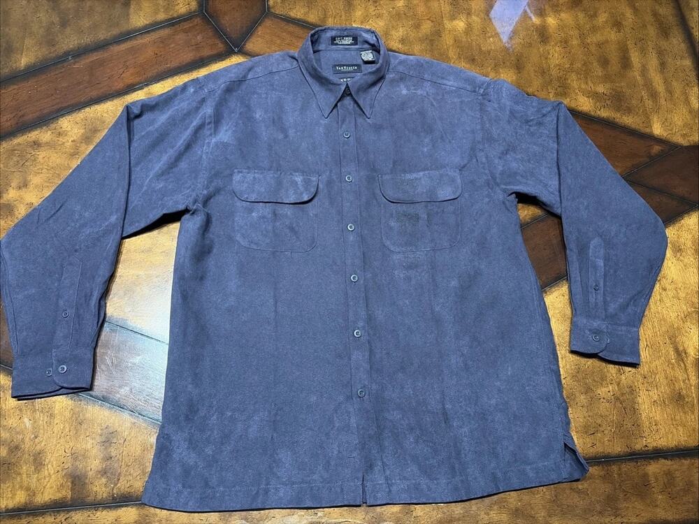 Van Heusen Button Up Shirt Men's Medium BLue Long Sleeve Suede Look
